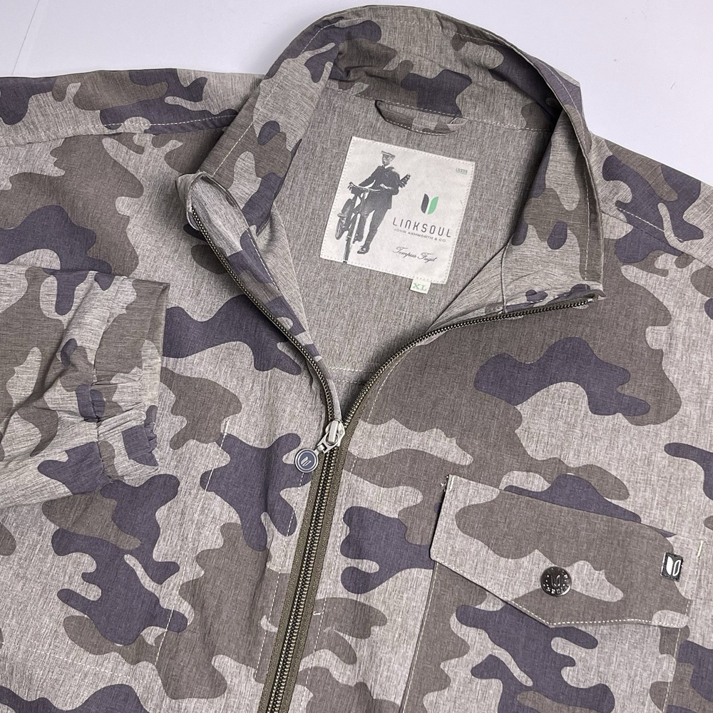 Linksoul Men's XL Green Gray Camo Lightweight Windbreaker Full Zip Jacket EUC